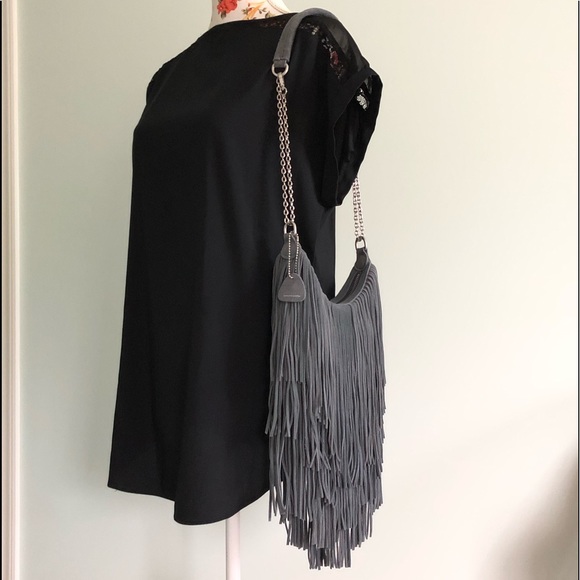 Monserat De Lucca Handbags - Monserat De Lucca Gray Suede Fringe Bag Purse